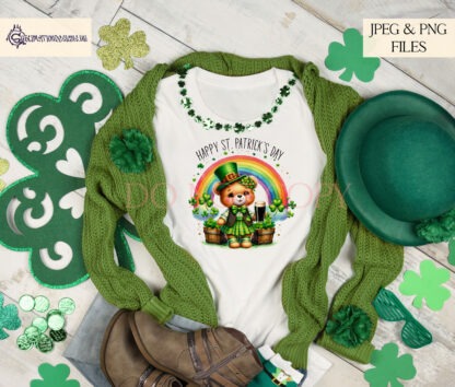 A St. Patrick’s Day Rainbow Teddy Bear Bundle, featuring four teddy bears standing under a rainbow with pots of gold and clovers. Includes textless and Happy St. Patrick’s Day versions. Comes in JPEG and PNG formats.