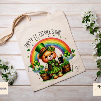 A St. Patrick’s Day Rainbow Teddy Bear Bundle, featuring four teddy bears standing under a rainbow with pots of gold and clovers. Includes textless and Happy St. Patrick’s Day versions. Comes in JPEG and PNG formats.