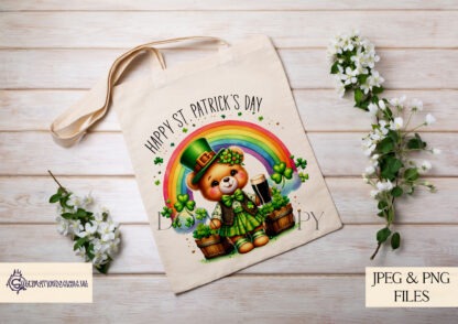 A St. Patrick’s Day Rainbow Teddy Bear Bundle, featuring four teddy bears standing under a rainbow with pots of gold and clovers. Includes textless and Happy St. Patrick’s Day versions. Comes in JPEG and PNG formats.