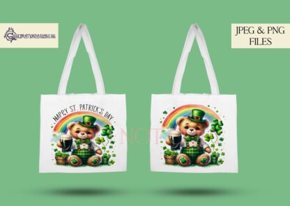 A St. Patrick’s Day Rainbow Teddy Bear Bundle, featuring four teddy bears standing under a rainbow with pots of gold and clovers. Includes textless and Happy St. Patrick’s Day versions. Comes in JPEG and PNG formats.