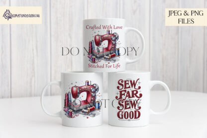 A Sewing Machine Sublimation Design Collection, featuring sewing-themed artwork in Red and Navy Blue with Gold accents. Includes four designs per colour theme, textless versions, and three inspirational quotes. Comes in JPEG and PNG formats.