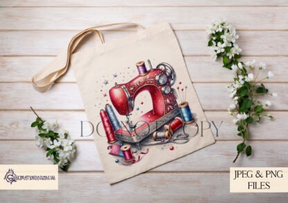 A Sewing Machine Sublimation Design Collection, featuring sewing-themed artwork in Red and Navy Blue with Gold accents. Includes four designs per colour theme, textless versions, and three inspirational quotes. Comes in JPEG and PNG formats.