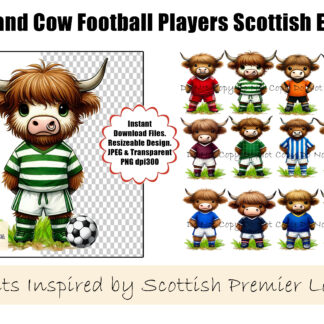 A Highland Football Cows Clip Art Set, featuring 12 Highland cows in football kits inspired by the Scottish Premiership 24/25 season. Includes an optional football element. Comes in JPEG and PNG formats.