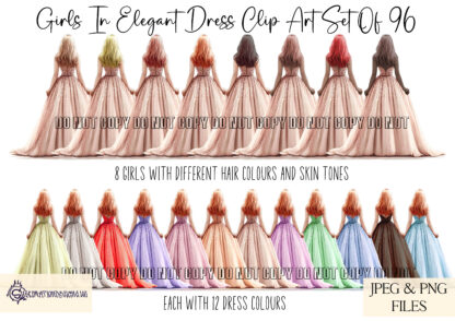 An Elegant Prom & Bridesmaid Clip Art Collection, featuring 102 elements, including bridesmaids and prom girls in 12 dress colours, limousine & balloon arch elements, and a customisable event sign. Comes in JPEG and PNG formats.