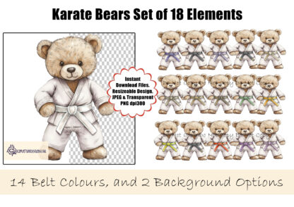 A Karate Teddy Bear Clip Art Set, featuring 16 belt variations and two martial arts-themed background elements. Comes in JPEG and PNG formats.