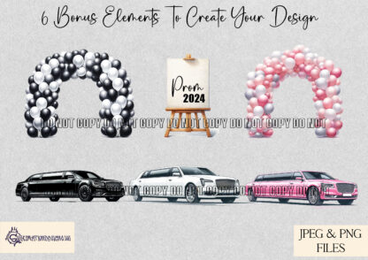 An Elegant Prom & Bridesmaid Clip Art Collection, featuring 102 elements, including bridesmaids and prom girls in 12 dress colours, limousine & balloon arch elements, and a customisable event sign. Comes in JPEG and PNG formats.