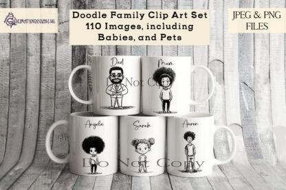 A versatile Family Moments Doodle Clip Art Collection, featuring 112 hand-drawn elements, including customisable family members, pets, and a family home. Comes in JPEG and PNG formats.