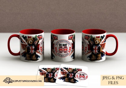 A Benji Bear VE Day 80 Commemorative Design Set, featuring five patriotic designs, including 2 square templates, 2 mug wraps, and 1 textless design. Comes in JPEG and PNG formats.