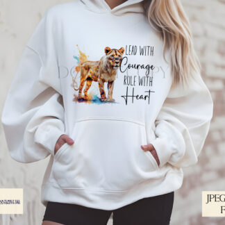 A Lion & Lioness Positivity Design Set, featuring four motivational quotes: "Roar with Confidence" and "Lead with Courage, Rule with Heart". Comes in JPEG and PNG formats.