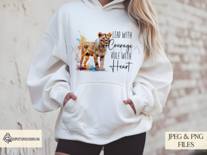 A Lion & Lioness Positivity Design Set, featuring four motivational quotes: "Roar with Confidence" and "Lead with Courage, Rule with Heart". Comes in JPEG and PNG formats.