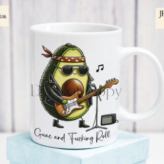 A Guac and Roll Comedy Design Set, featuring a rock star avocado with three variations: textless, "Let's Guac and Roll", and "Guac and Fucking Roll". Comes in JPEG and PNG formats.