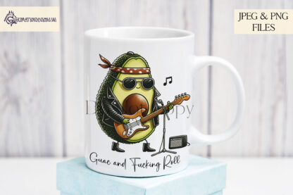 A Guac and Roll Comedy Design Set, featuring a rock star avocado with three variations: textless, "Let's Guac and Roll", and "Guac and Fucking Roll". Comes in JPEG and PNG formats.