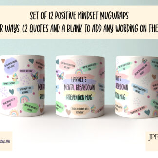 A motivational design bundle, featuring 52 pastel-coloured designs for mug wraps, notepads, bookmarks, and chocolate bar wrappers. Includes motivational quotes and affirmations. Comes in JPEG and PNG formats.