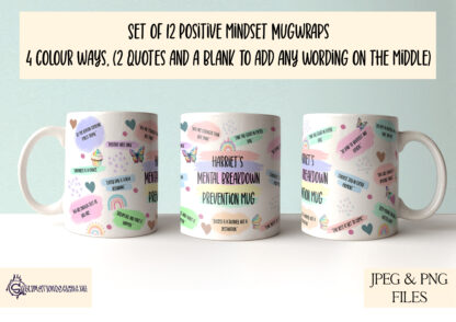 A motivational design bundle, featuring 52 pastel-coloured designs for mug wraps, notepads, bookmarks, and chocolate bar wrappers. Includes motivational quotes and affirmations. Comes in JPEG and PNG formats.