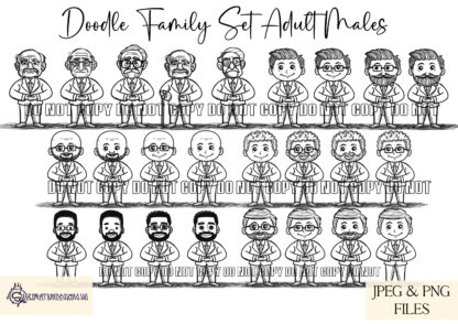 A versatile Family Moments Doodle Clip Art Collection, featuring 112 hand-drawn elements, including customisable family members, pets, and a family home. Comes in JPEG and PNG formats.