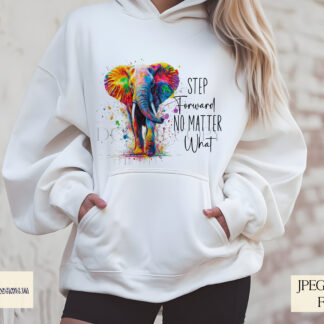 An Elephant Positivity Design Set, featuring two motivational quotes: "Gentle but Unstoppable" and "Step Forward No Matter What". Comes in JPEG and PNG formats.