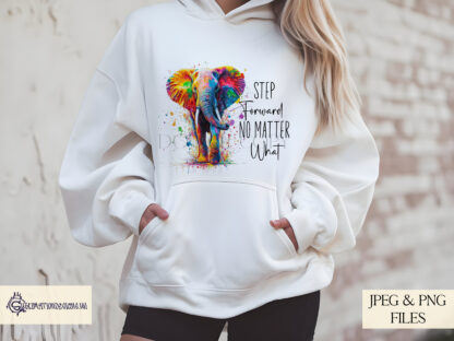 An Elephant Positivity Design Set, featuring two motivational quotes: "Gentle but Unstoppable" and "Step Forward No Matter What". Comes in JPEG and PNG formats.