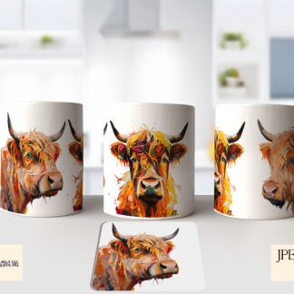 A Highland Cow Oil Painting Design Set, featuring 6 digitally painted Highland cow designs, including a mug wrap, coasters, vibrant cow art, and an A4 chopping board design. Comes in JPEG and PNG formats.