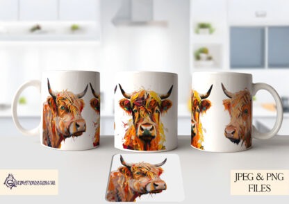 A Highland Cow Oil Painting Design Set, featuring 6 digitally painted Highland cow designs, including a mug wrap, coasters, vibrant cow art, and an A4 chopping board design. Comes in JPEG and PNG formats.