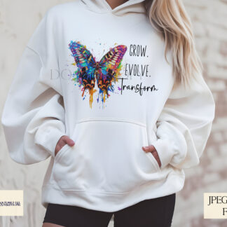 A Butterfly Positivity Design Set, featuring two motivational quotes: "Spread Your Wings and Fly" and "Grow, Evolve, Transform". Comes in JPEG and PNG formats.