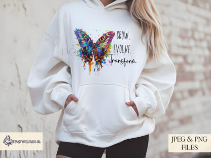 A Butterfly Positivity Design Set, featuring two motivational quotes: "Spread Your Wings and Fly" and "Grow, Evolve, Transform". Comes in JPEG and PNG formats.