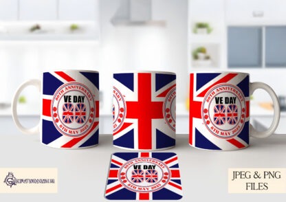 A VE Day 80 Commemorative Design Set, featuring our exclusive VE Day emblem in red and blue writing variations, including A4 designs, mug wraps, and a square coaster design. Comes in JPEG and PNG formats.