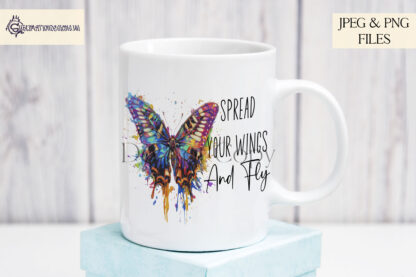 A Butterfly Positivity Design Set, featuring two motivational quotes: "Spread Your Wings and Fly" and "Grow, Evolve, Transform". Comes in JPEG and PNG formats.