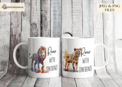 A Lion & Lioness Positivity Design Set, featuring four motivational quotes: "Roar with Confidence" and "Lead with Courage, Rule with Heart". Comes in JPEG and PNG formats.