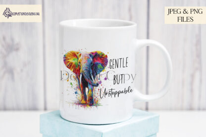 An Elephant Positivity Design Set, featuring two motivational quotes: "Gentle but Unstoppable" and "Step Forward No Matter What". Comes in JPEG and PNG formats.