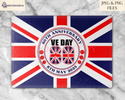 A VE Day 80 Commemorative Design Set, featuring our exclusive VE Day emblem in red and blue writing variations, including A4 designs, mug wraps, and a square coaster design. Comes in JPEG and PNG formats.