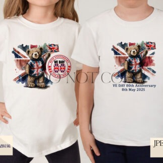 A Benji Bear VE Day 80 Commemorative Design Set, featuring five patriotic designs, including 2 square templates, 2 mug wraps, and 1 textless design. Comes in JPEG and PNG formats.