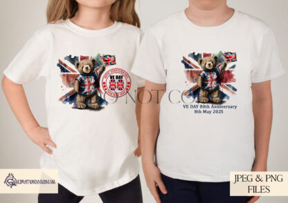 A Benji Bear VE Day 80 Commemorative Design Set, featuring five patriotic designs, including 2 square templates, 2 mug wraps, and 1 textless design. Comes in JPEG and PNG formats.