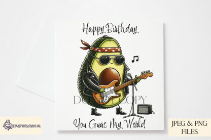 A Guac and Roll Comedy Design Set, featuring a rock star avocado with three variations: textless, "Let's Guac and Roll", and "Guac and Fucking Roll". Comes in JPEG and PNG formats.