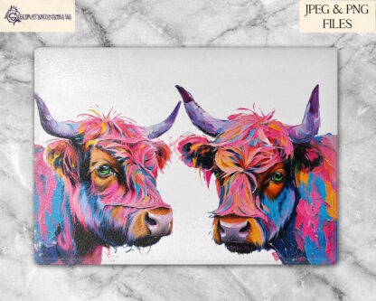 A Highland Cow Oil Painting Design Set, featuring 6 digitally painted Highland cow designs, including a mug wrap, coasters, vibrant cow art, and an A4 chopping board design. Comes in JPEG and PNG formats.