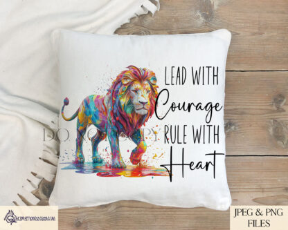 A Lion & Lioness Positivity Design Set, featuring four motivational quotes: "Roar with Confidence" and "Lead with Courage, Rule with Heart". Comes in JPEG and PNG formats.