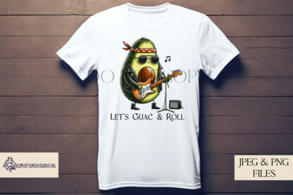 A Guac and Roll Comedy Design Set, featuring a rock star avocado with three variations: textless, "Let's Guac and Roll", and "Guac and Fucking Roll". Comes in JPEG and PNG formats.