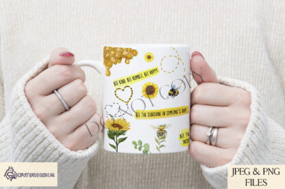 A bee-themed Positivi-Bee Mug Wrap Design Set, featuring five uplifting quotes with sunflowers, bees, and honeycomb elements. Comes in JPEG and PNG formats.