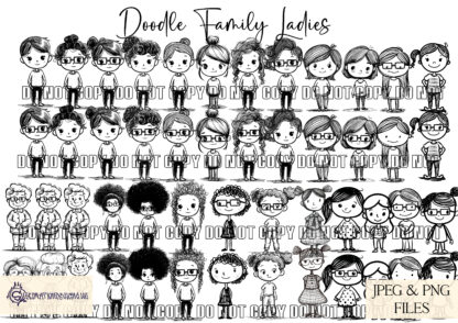 A versatile Family Moments Doodle Clip Art Collection, featuring 112 hand-drawn elements, including customisable family members, pets, and a family home. Comes in JPEG and PNG formats.