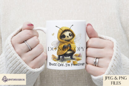 A Cute Blanket-Wearing Bee Design Set, featuring four variations with cosy and funny quotes, including "Snug as a Bug in a Rug" and "Buzz Off, I’m Freezing". Comes in JPEG and PNG formats.