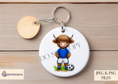 A Highland Football Cows Clip Art Set, featuring 12 Highland cows in football kits inspired by the Scottish Premiership 24/25 season. Includes an optional football element. Comes in JPEG and PNG formats.