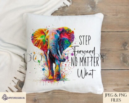 An Elephant Positivity Design Set, featuring two motivational quotes: "Gentle but Unstoppable" and "Step Forward No Matter What". Comes in JPEG and PNG formats.