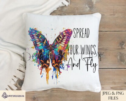 A Butterfly Positivity Design Set, featuring two motivational quotes: "Spread Your Wings and Fly" and "Grow, Evolve, Transform". Comes in JPEG and PNG formats.