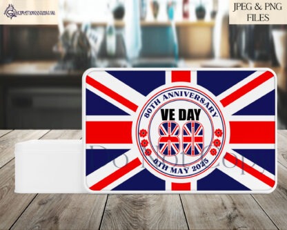 A VE Day 80 Commemorative Design Set, featuring our exclusive VE Day emblem in red and blue writing variations, including A4 designs, mug wraps, and a square coaster design. Comes in JPEG and PNG formats.