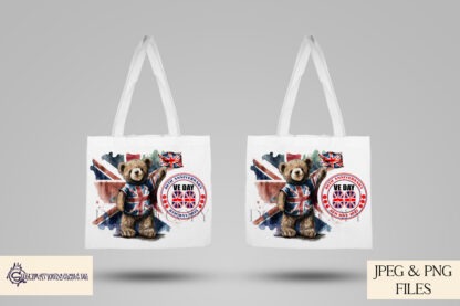 A Benji Bear VE Day 80 Commemorative Design Set, featuring five patriotic designs, including 2 square templates, 2 mug wraps, and 1 textless design. Comes in JPEG and PNG formats.