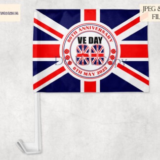 A VE Day 80 Commemorative Design Set, featuring our exclusive VE Day emblem in red and blue writing variations, including A4 designs, mug wraps, and a square coaster design. Comes in JPEG and PNG formats.