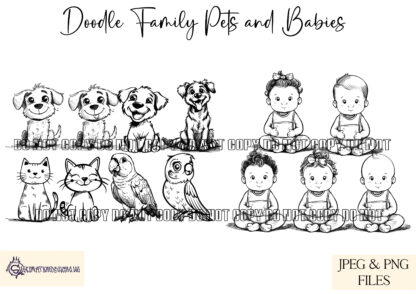 A versatile Family Moments Doodle Clip Art Collection, featuring 112 hand-drawn elements, including customisable family members, pets, and a family home. Comes in JPEG and PNG formats.