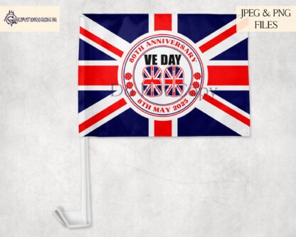 A VE Day 80 Commemorative Design Set, featuring our exclusive VE Day emblem in red and blue writing variations, including A4 designs, mug wraps, and a square coaster design. Comes in JPEG and PNG formats.