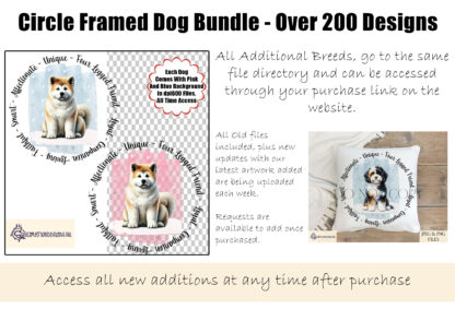 A Circle Framed Dogs Bundle, featuring over 200+ beautifully illustrated dog breeds in a circular frame with pet-inspired wording. Comes in JPEG and PNG formats.