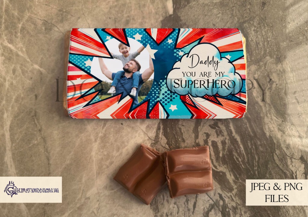 Superhero dad chocolate bar wrapper for Father's Day